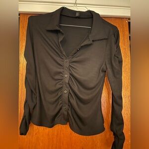 SHEIN Black Ruched Button Down Shirt